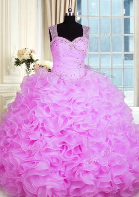 Sleeveless Zipper Floor Length Beading and Ruffles 15th Birthday Dress