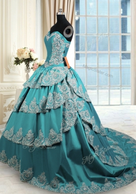 Teal Taffeta Lace Up 15 Quinceanera Dress Sleeveless With Train Beading and Appliques and Ruffled Layers