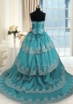 Teal Taffeta Lace Up 15 Quinceanera Dress Sleeveless With Train Beading and Appliques and Ruffled Layers