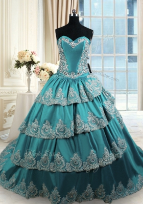 Teal Taffeta Lace Up 15 Quinceanera Dress Sleeveless With Train Beading and Appliques and Ruffled Layers