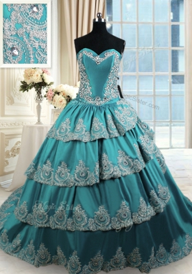 Teal Taffeta Lace Up 15 Quinceanera Dress Sleeveless With Train Beading and Appliques and Ruffled Layers
