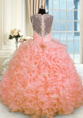Watermelon Red Ball Gowns Beading and Ruffles Sweet 16 Quinceanera Dress Zipper Organza Sleeveless Floor Length