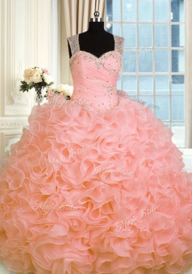 Watermelon Red Ball Gowns Beading and Ruffles Sweet 16 Quinceanera Dress Zipper Organza Sleeveless Floor Length
