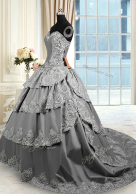 Wonderful Grey Lace Up 15 Quinceanera Dress Beading and Appliques and Ruffled Layers Sleeveless With Train Court Train