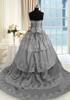 Wonderful Grey Lace Up 15 Quinceanera Dress Beading and Appliques and Ruffled Layers Sleeveless With Train Court Train