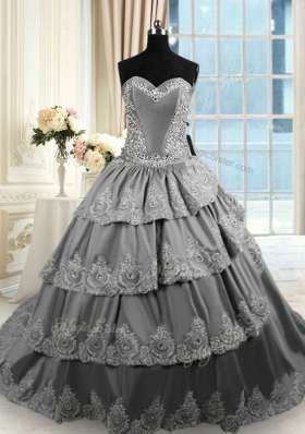 Wonderful Grey Lace Up 15 Quinceanera Dress Beading and Appliques and Ruffled Layers Sleeveless With Train Court Train