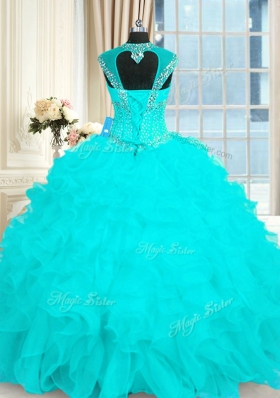 Aqua Blue Quinceanera Gown Military Ball and Sweet 16 and Quinceanera and For with Beading and Ruffles Straps Cap Sleeves Lace Up