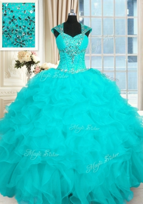 Aqua Blue Quinceanera Gown Military Ball and Sweet 16 and Quinceanera and For with Beading and Ruffles Straps Cap Sleeves Lace Up