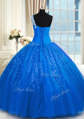 Artistic Floor Length Blue 15th Birthday Dress One Shoulder Sleeveless Lace Up
