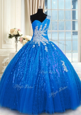 Artistic Floor Length Blue 15th Birthday Dress One Shoulder Sleeveless Lace Up