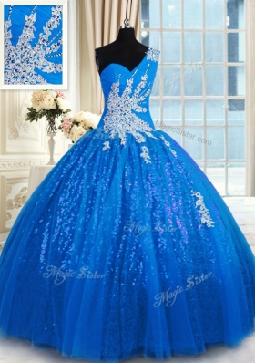 Artistic Floor Length Blue 15th Birthday Dress One Shoulder Sleeveless Lace Up