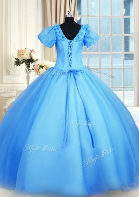 Baby Blue Short Sleeves Organza Lace Up Vestidos de Quinceanera for Military Ball and Sweet 16 and Quinceanera