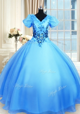 Baby Blue Short Sleeves Organza Lace Up Vestidos de Quinceanera for Military Ball and Sweet 16 and Quinceanera