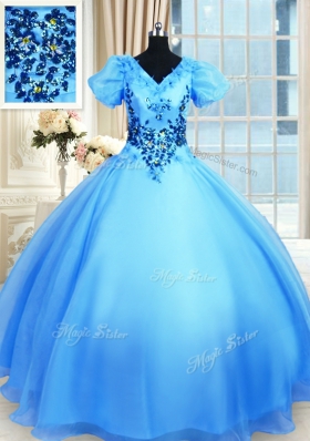 Baby Blue Short Sleeves Organza Lace Up Vestidos de Quinceanera for Military Ball and Sweet 16 and Quinceanera