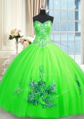 Ball Gowns Tulle Sweetheart Sleeveless Appliques Floor Length Lace Up Sweet 16 Dresses
