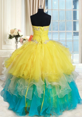 Beading and Ruffles Ball Gown Prom Dress Multi-color Lace Up Sleeveless Floor Length