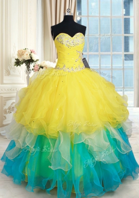 Beading and Ruffles Ball Gown Prom Dress Multi-color Lace Up Sleeveless Floor Length