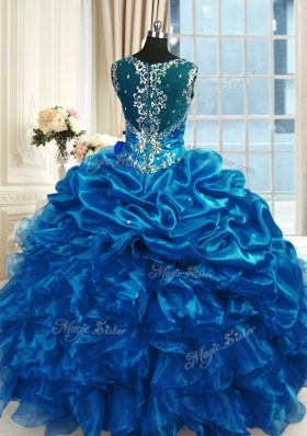 Blue Straps Neckline Beading and Ruffles 15 Quinceanera Dress Sleeveless Lace Up