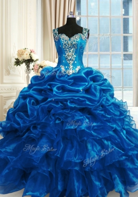 Blue Straps Neckline Beading and Ruffles 15 Quinceanera Dress Sleeveless Lace Up