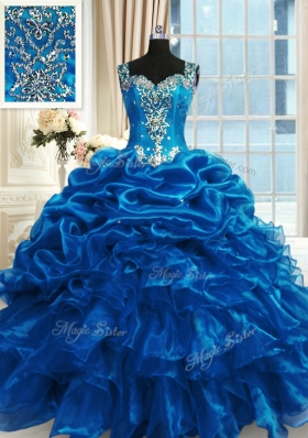 Blue Straps Neckline Beading and Ruffles 15 Quinceanera Dress Sleeveless Lace Up