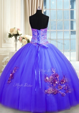 Blue Sweetheart Lace Up Embroidery Sweet 16 Dress Sleeveless