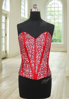 Charming Four Piece Sleeveless Organza Floor Length Lace Up Quinceanera Dress in Red for with Beading and Ruffles