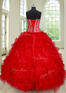 Charming Four Piece Sleeveless Organza Floor Length Lace Up Quinceanera Dress in Red for with Beading and Ruffles