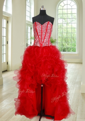 Charming Four Piece Sleeveless Organza Floor Length Lace Up Quinceanera Dress in Red for with Beading and Ruffles