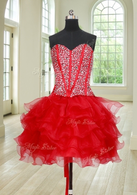 Charming Four Piece Sleeveless Organza Floor Length Lace Up Quinceanera Dress in Red for with Beading and Ruffles