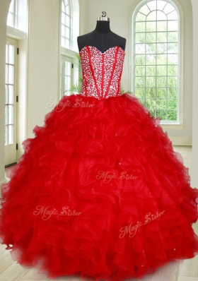 Charming Four Piece Sleeveless Organza Floor Length Lace Up Quinceanera Dress in Red for with Beading and Ruffles