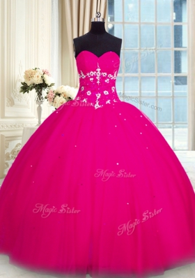 Classical Floor Length Fuchsia 15th Birthday Dress Tulle Sleeveless Beading