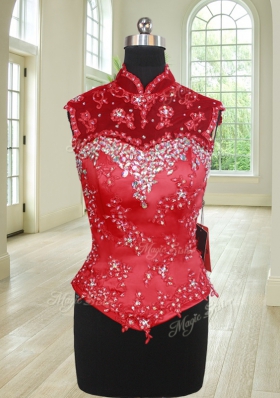 Clearance Three Piece High-neck Sleeveless Quinceanera Gown Floor Length Beading and Ruffles and Pick Ups Red Organza