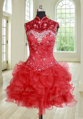 Clearance Three Piece High-neck Sleeveless Quinceanera Gown Floor Length Beading and Ruffles and Pick Ups Red Organza