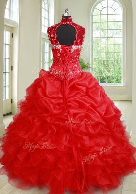 Clearance Three Piece High-neck Sleeveless Quinceanera Gown Floor Length Beading and Ruffles and Pick Ups Red Organza