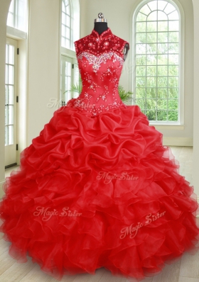 Clearance Three Piece High-neck Sleeveless Quinceanera Gown Floor Length Beading and Ruffles and Pick Ups Red Organza