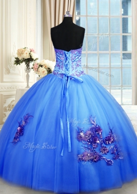 Custom Fit Blue Ball Gowns Sweetheart Sleeveless Tulle Floor Length Lace Up Beading and Appliques and Embroidery Quinceanera Dresses