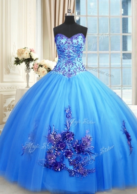 Custom Fit Blue Ball Gowns Sweetheart Sleeveless Tulle Floor Length Lace Up Beading and Appliques and Embroidery Quinceanera Dresses