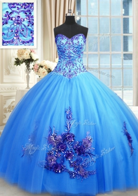 Custom Fit Blue Ball Gowns Sweetheart Sleeveless Tulle Floor Length Lace Up Beading and Appliques and Embroidery Quinceanera Dresses