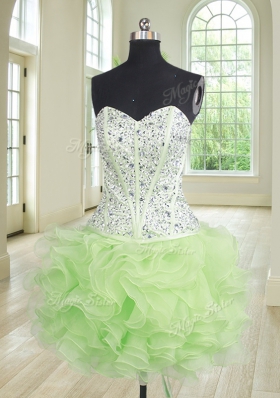Dazzling Four Piece Sleeveless Floor Length Beading and Ruffles Lace Up Ball Gown Prom Dress with Yellow Green