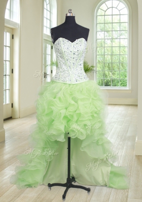 Dazzling Four Piece Sleeveless Floor Length Beading and Ruffles Lace Up Ball Gown Prom Dress with Yellow Green