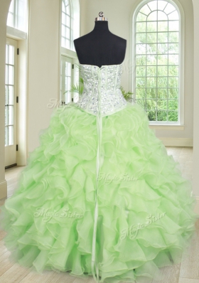 Dazzling Four Piece Sleeveless Floor Length Beading and Ruffles Lace Up Ball Gown Prom Dress with Yellow Green