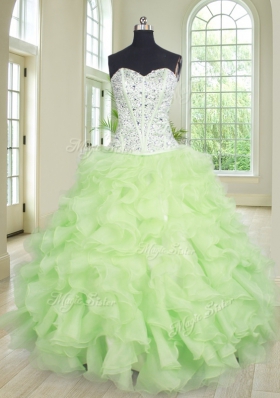 Dazzling Four Piece Sleeveless Floor Length Beading and Ruffles Lace Up Ball Gown Prom Dress with Yellow Green