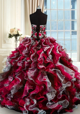 Deluxe Sweetheart Sleeveless Quinceanera Dress Floor Length Beading and Appliques Multi-color Organza