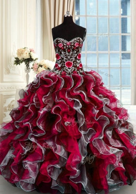 Deluxe Sweetheart Sleeveless Quinceanera Dress Floor Length Beading and Appliques Multi-color Organza