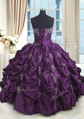 Discount Sleeveless Taffeta Floor Length Lace Up 15 Quinceanera Dress in Dark Purple for with Beading and Appliques and Embroidery and Pick Ups