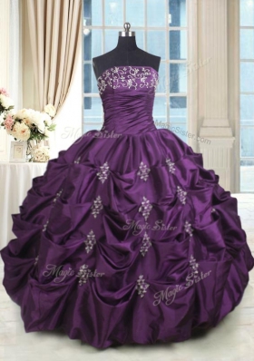 Discount Sleeveless Taffeta Floor Length Lace Up 15 Quinceanera Dress in Dark Purple for with Beading and Appliques and Embroidery and Pick Ups