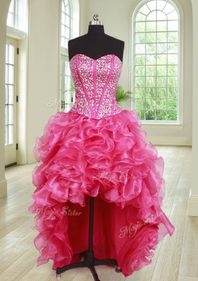 Elegant Four Piece Hot Pink Sleeveless Beading and Ruffles Floor Length 15 Quinceanera Dress