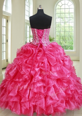 Elegant Four Piece Hot Pink Sleeveless Beading and Ruffles Floor Length 15 Quinceanera Dress