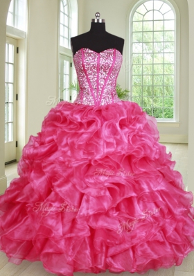Elegant Four Piece Hot Pink Sleeveless Beading and Ruffles Floor Length 15 Quinceanera Dress