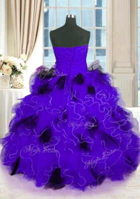 Elegant Strapless Sleeveless 15th Birthday Dress Floor Length Beading and Ruffles Black And Purple Tulle